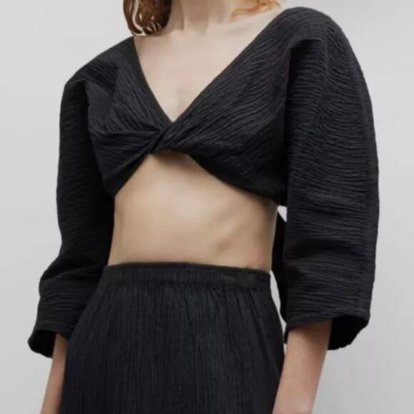 NWT Mara Hoffman Justine Twist-Front Cropped Blouse in Black sz L - Picture 1 of 13